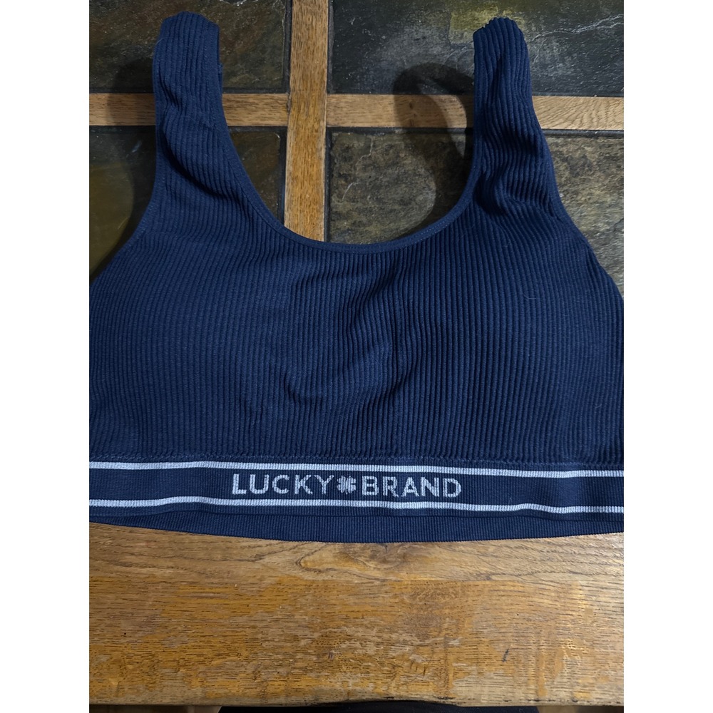 Lucky Brand Womens Ribbed Seamless Bralette Navy Blue Logo Band XL